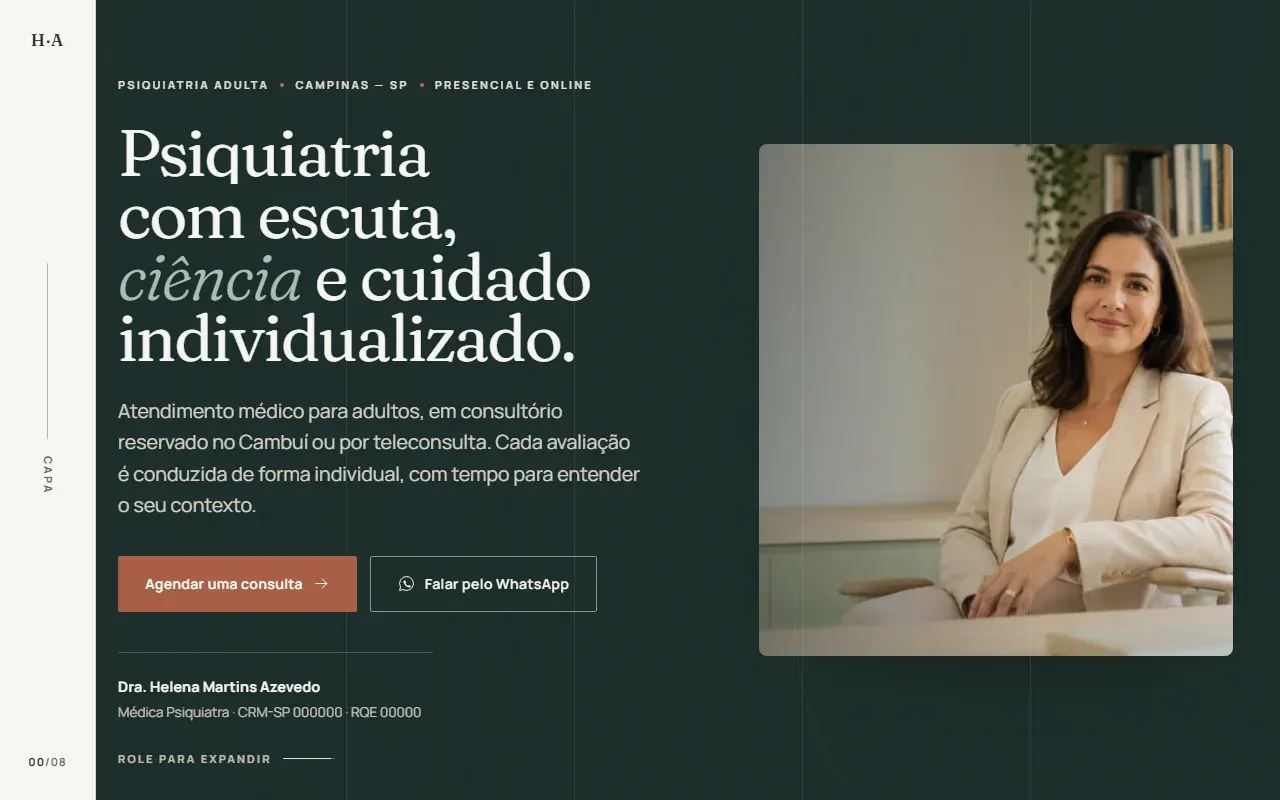 Página inicial da Dra. Helena Azevedo em verde-escuro, com título serifado sobre psiquiatria com escuta e ciência, retrato da médica e botões de agendamento