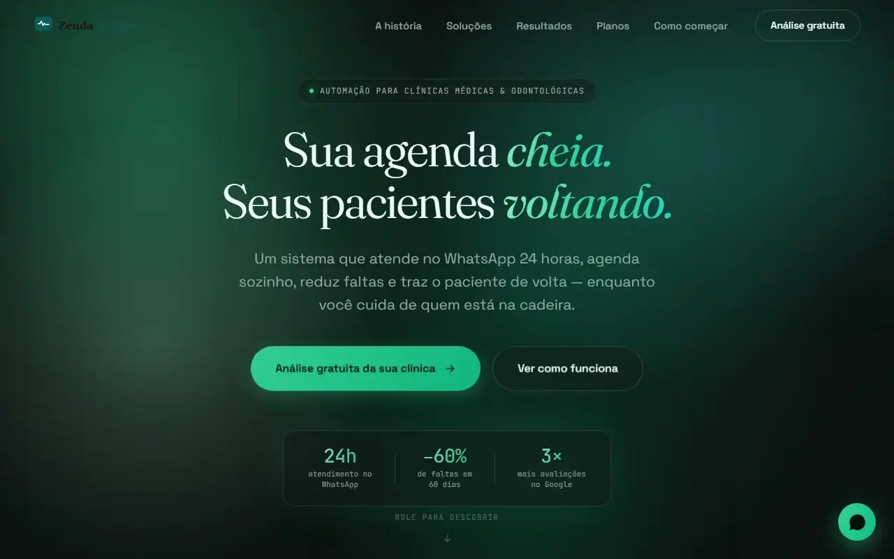Página inicial da Zenda Clínicas em fundo verde-escuro, com título serifado em itálico sobre agenda cheia e pacientes que voltam, dois botões de ação e uma faixa de indicadores na base da tela